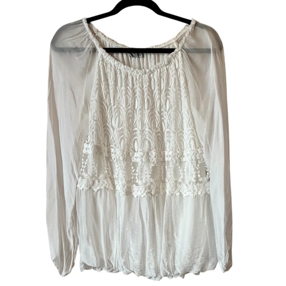 Elena Baldi Italy Designer Sheer Lined Lace Insert Long Sleeve Blouse Ivory